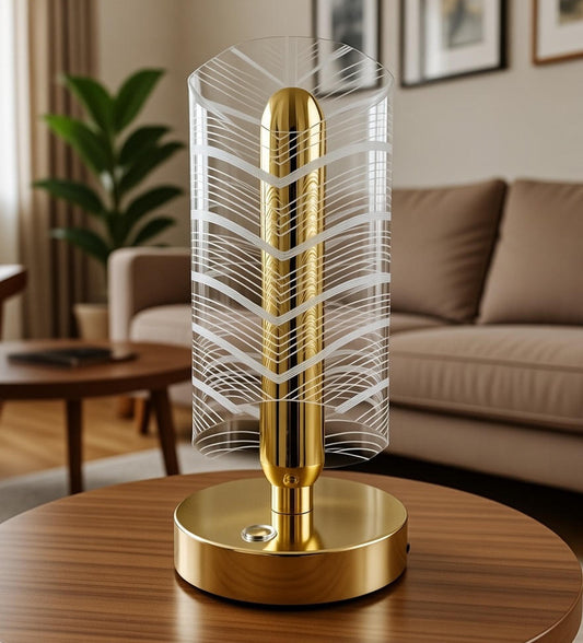 Modern LED Rechargeable Table Lamp with Transparent Crystal Shade & Gold Accents