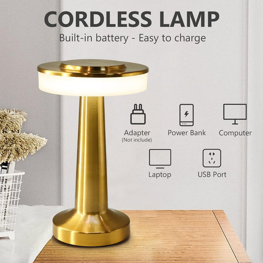 Golden Wide LED Touch Sensor Desk & Table Lamp – 3 Light Modes, Dimmable Brightness,SB Type-C Rechargeable, Portable Modern Metal Lamp f