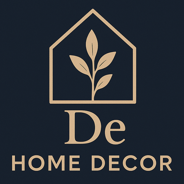 Logo for De Home Decor with a leaf design on a dark background