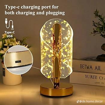 Golden Crystal Rechargeable LED Touch Lamp – Adjustable Brightness, USB-C Charging