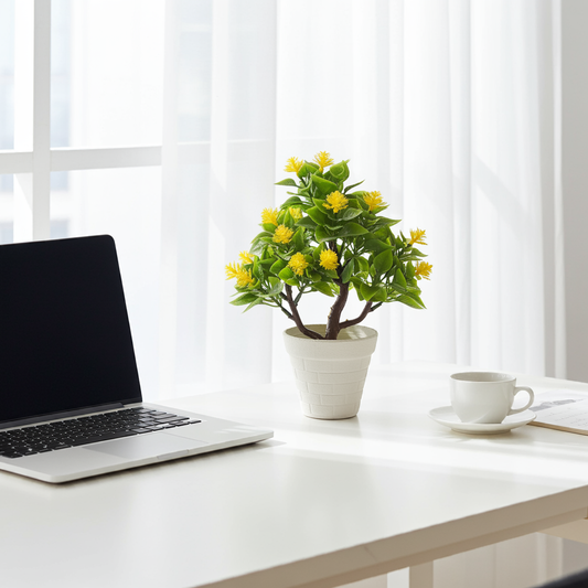 Artificial Flower Pot – 10 Inch Decorative Yellow Plant for Home and Office Table Decoration