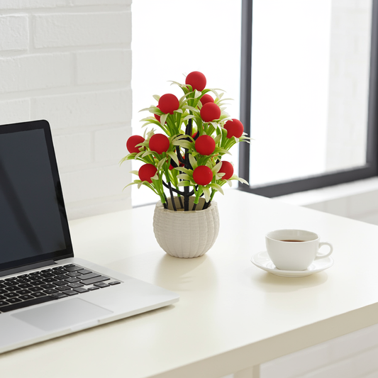Artificial Flowers with Pot – Mini Decorative Plant for Home & Office Table Décor - (Rose)