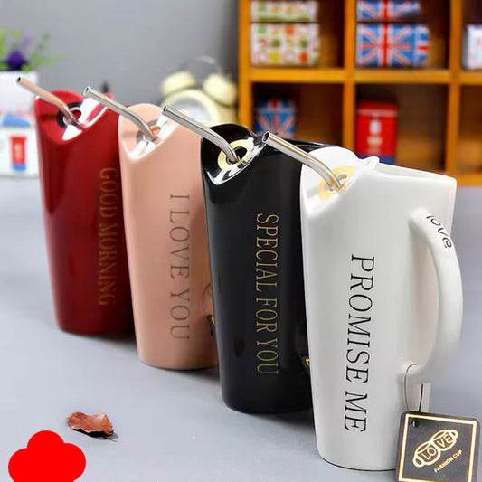 Ceramic Coffee Mug with Steel Straw - 480ml